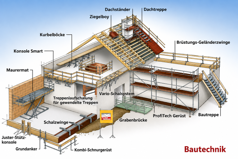 Bautechnik für den professionellen Baustelleneinsatz Übersicht verschiedener Lösungen für Bautechnik, Schalung, Gerüste und Baustellensicherheit